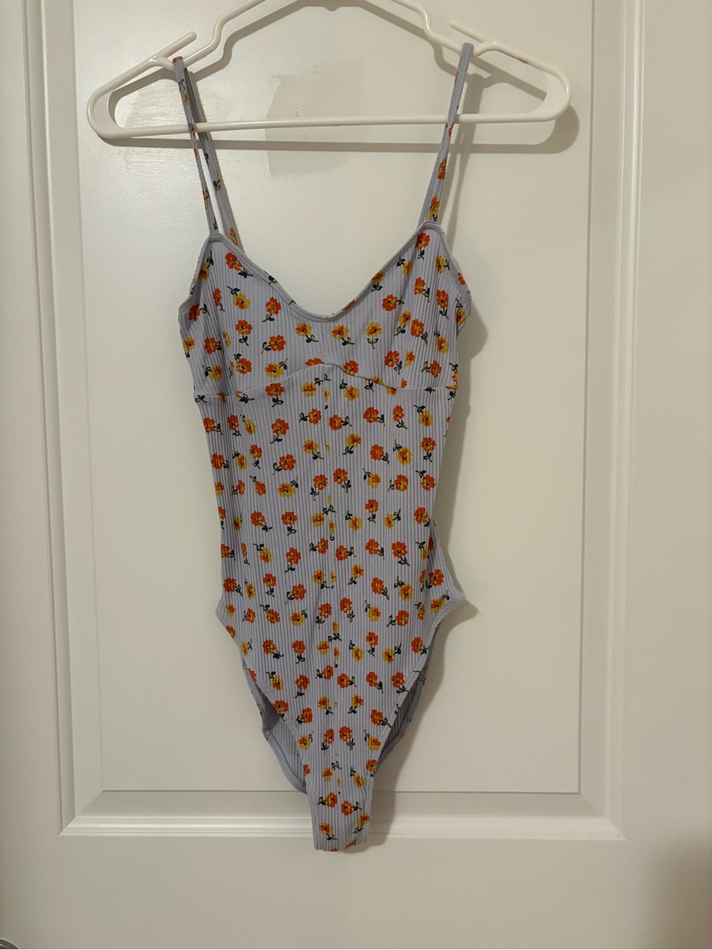 Urban OutfitterFloral Stripe One-Piece Bodysuit - Light Blue with Orange Flowers